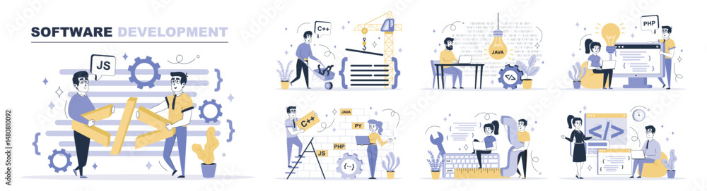 Aufkleber Software development concept set in flat web design. Collection with people programming and coding at computer languages, work with app scripts. Flat vector illustration isolated on white background.