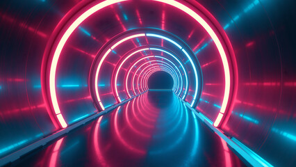 Fototapeta premium curved neon tunnel glows warmly soft blue undertones surrounded sleek metallic surfaces dimly lit studio evoking sense