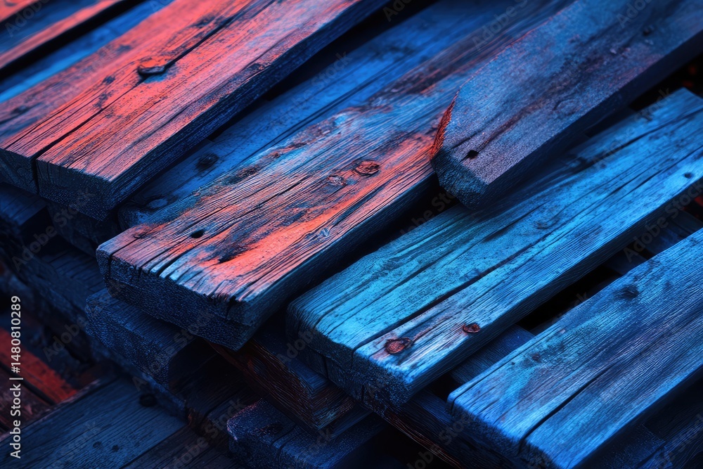 Poster stacked wooden planks display a captivating interplay of blue and red hues, creating a visually stri