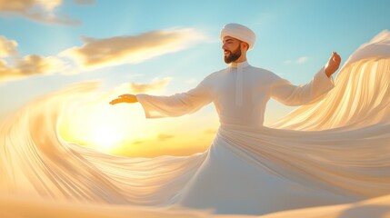 Whirling dervish performs traditional spiritual dance against a sunny backdrop