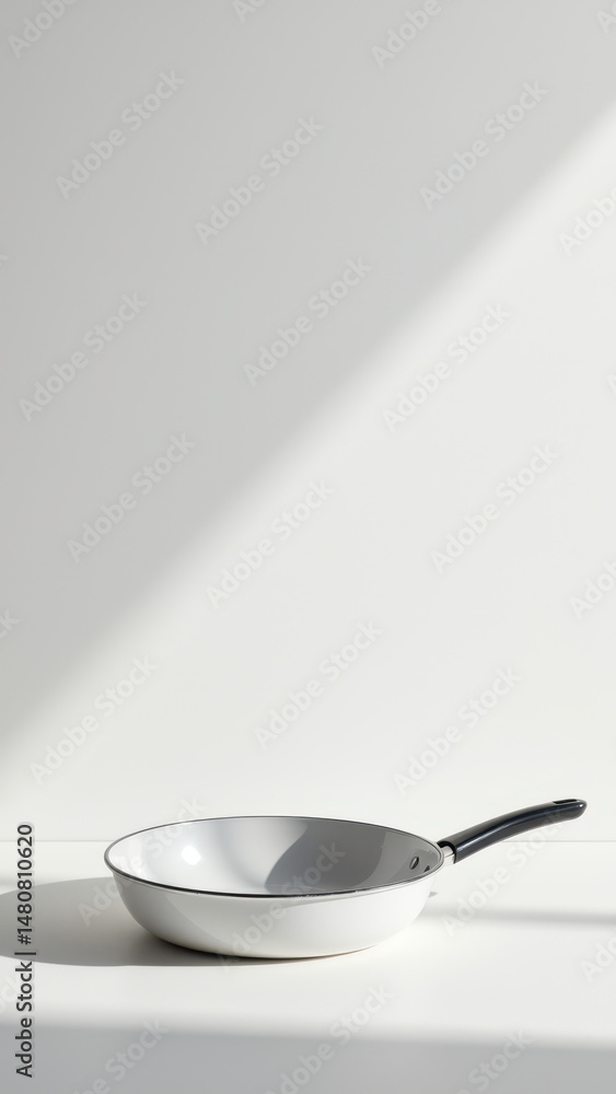 Poster a single skillet with a long handle on a table top with an overlay of light, creating a split-tone e