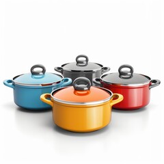 Colorful cooking pots with lids arranged on a white surface.