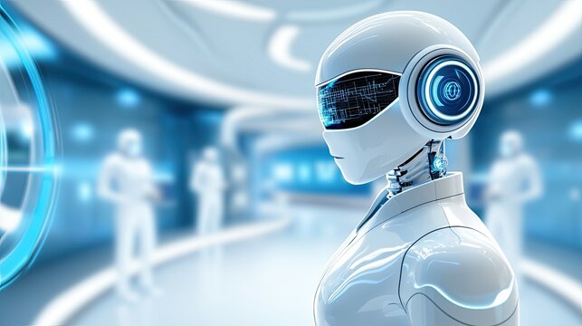 Sleek white humanoid robot stands in futuristic sterile environment