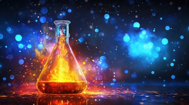 Glowing orange liquid in erlenmeyer flask science technology concept