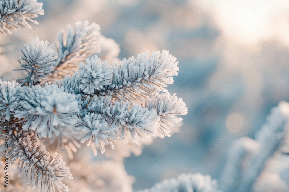 Poster close-up of frost-covered pine tree branches on a cold winter day, illuminated by warm sunlight, cre