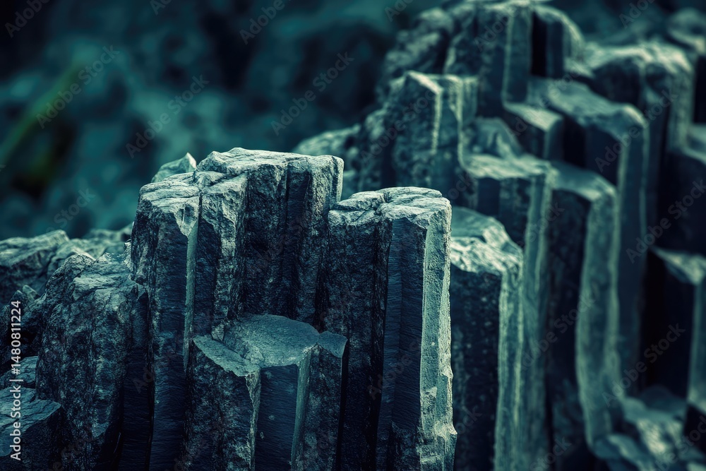 Poster a close-up shot showcases a striking rock formation with unique, geometric columnar basalt structure