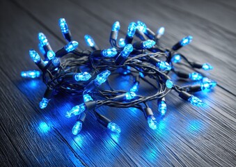 Blue LED string lights on a wooden surface.