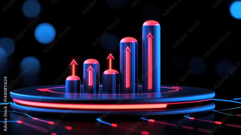 Poster Increasing bar graph with red arrows on a platform