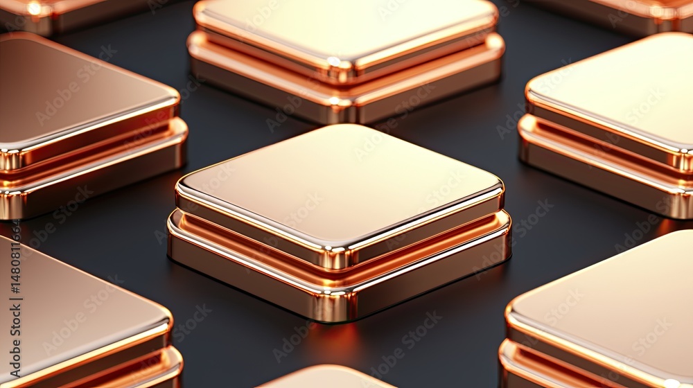 Poster square shaped rose gold platforms are placed in organized pattern