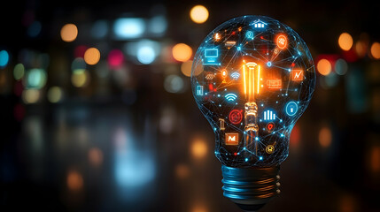 Illuminated lightbulb filled with interconnected digital icons, representing innovative technology and ideas