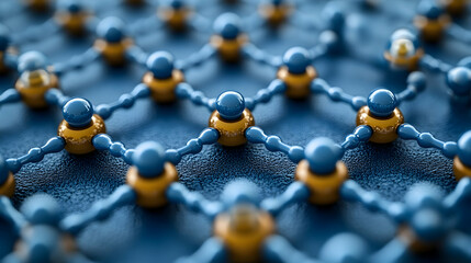 Interconnected blue spheres on golden connectors forming a complex network