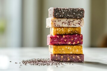 Stack of colorful homemade energy bars, each with different toppings, on a white marble surface for a healthy snack.