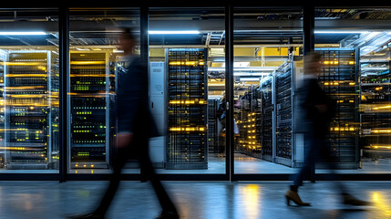 Motion-blurred figures walk past a modern data center's glowing server racks viewed through glass doors