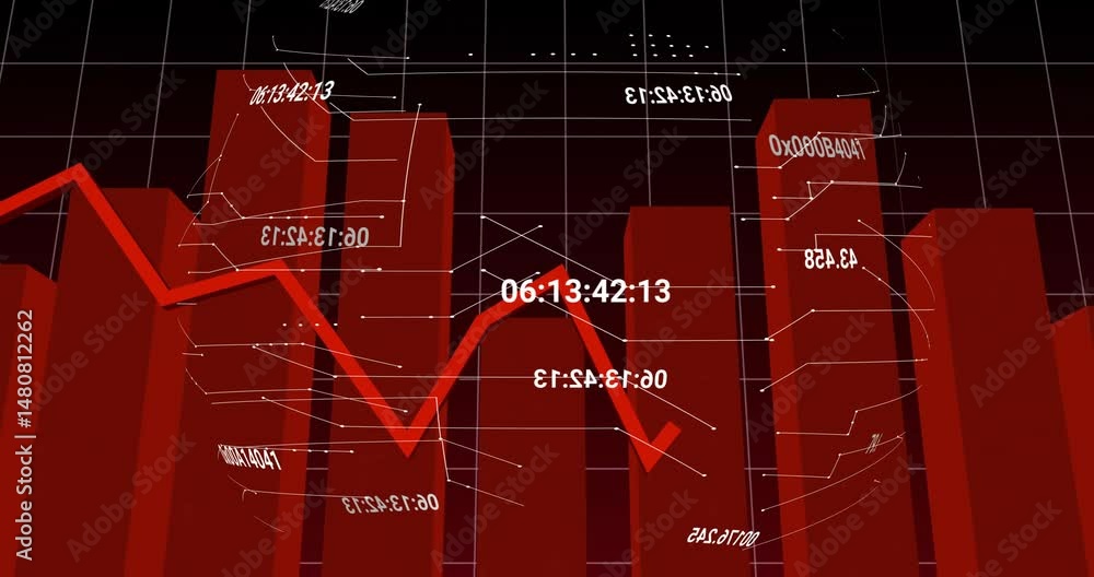 Aufkleber red zigzag line graph being animated on dark grid, showing fluctuating values with 3d bar columns