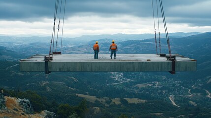 Construction workers on suspended concrete slab overlooking mountain landscape