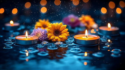 Serene scene of lit candles and flowers on water, illuminated by soft lights and water droplets