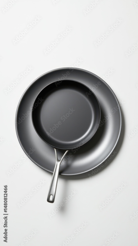 Poster two black skillets against a gradient background with a metallic handle on one skillet.