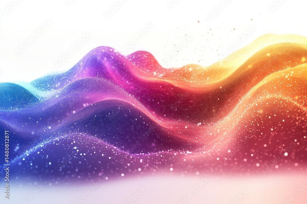 Poster Colorful waves of light create an ethereal landscape resembling a dreamlike galaxy with a gradient of soft hues and shimmering particles