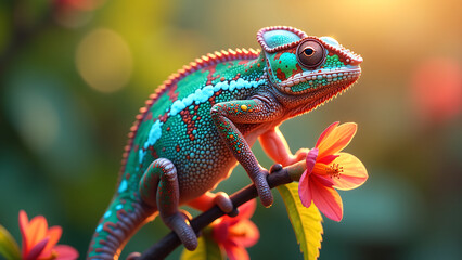 majestic chameleon sits serenely atop vibrant floral branch iridescent skin glistening soft warm morning light blurred