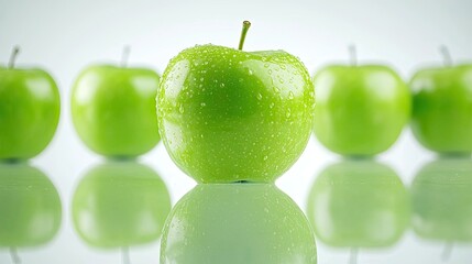 Shiny green apples are arranged on a reflective surface