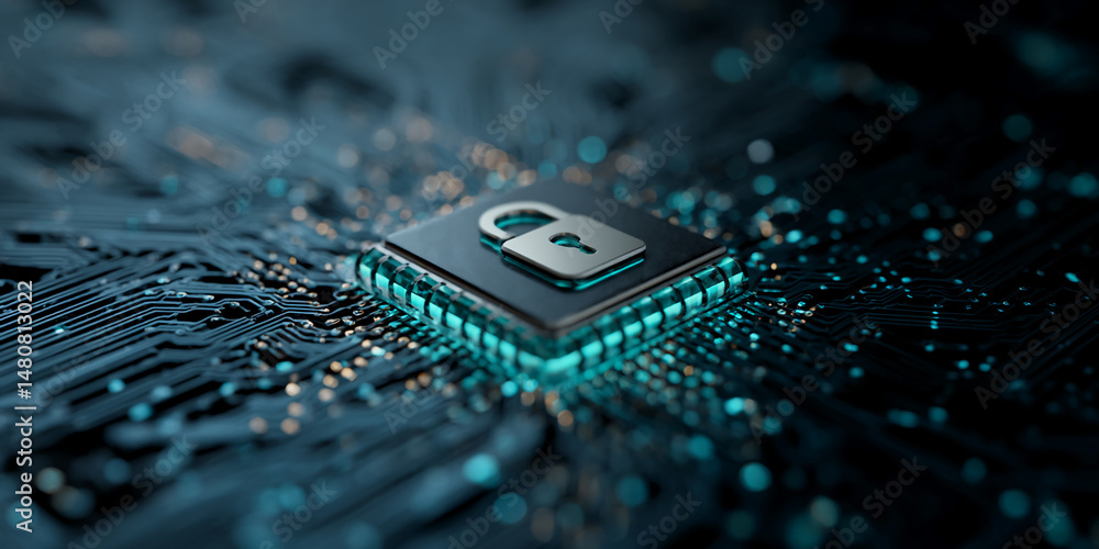Poster cybersecurity concept image showing a padlock icon on a circuit board, representing digital security