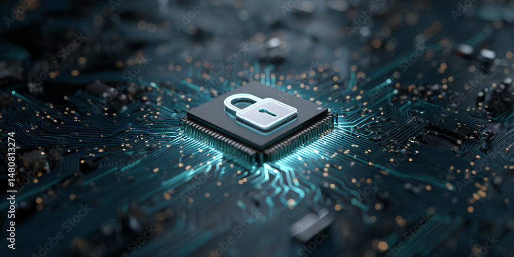 Poster close-up of a circuit board with a glowing padlock icon on a microchip, symbolizing digital security