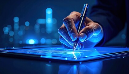 A futuristic hand interacts with a glowing digital tablet interface in a dark high-tech environment