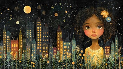 A young girl gazes upon a fantastical cityscape at night, bathed in the glow of celestial bodies.  Flowers bloom at her feet