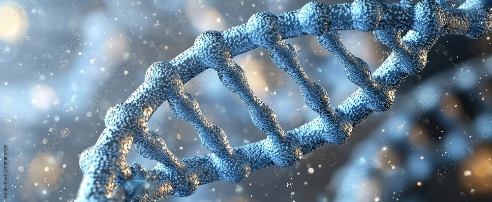Poster close-up of a double helix structure, intricate details highlighted, set against a bokeh background
