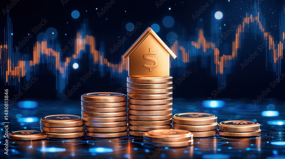 Poster Golden house on stack of coins and graph background