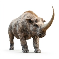 Fototapeta premium A prehistoric rhinoceros stands posed against a white backdrop.