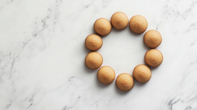 Round cookies circle on marble background sweet baked goods overhead shot