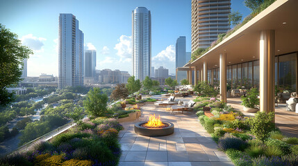 Naklejka premium Upscale rooftop terrace with fire pit, city view, and lush landscaping