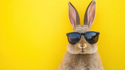 Cool rabbit wearing sunglasses yellow background