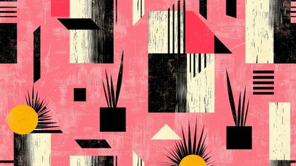 Abstract geometric pattern with plants, sunbursts, and textured pink background.  Black, white, and coral shapes create a vibrant, modern design