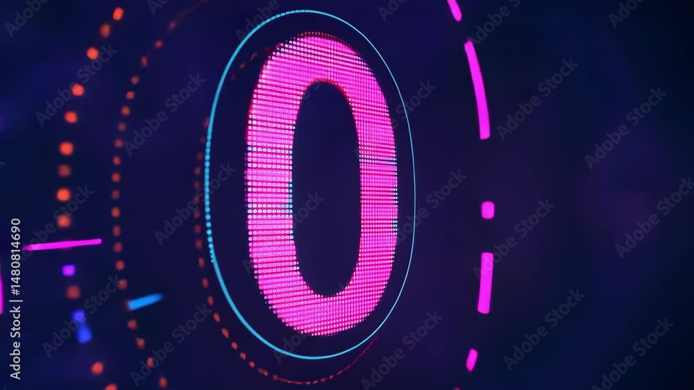 Poster digital number zero graphic display with colorful neon style glow against dark backdrop, countdown c