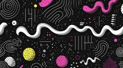 Abstract art featuring wavy lines, geometric shapes, and vibrant color splashes on a dark background