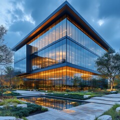 Obraz premium Modern Glass Office Building with Reflective Windows at Dusk