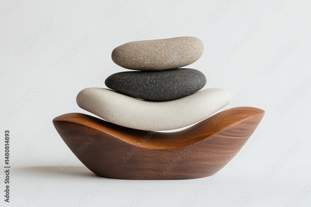 Poster Smooth stones stacked harmoniously on a minimalist shelf in a serene indoor setting during daylight hours