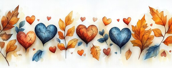 Autumnal hearts and leaves watercolor design