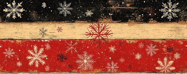 Rustic wooden plank design with snowy, wintery theme.  Red, beige, and black horizontal planks with scattered snowflakes