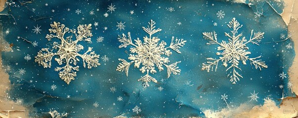 Three intricately detailed snowflakes on a textured, blue background, reminiscent of aged parchment.  Small snowflakes scattered throughout add depth