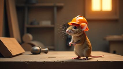 small mouse bright orange hard hat stands rugged workbench surrounded scattered tools wooden beams warm