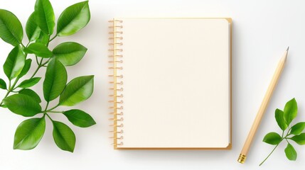 Blank notebook with pencil and greenery on white background