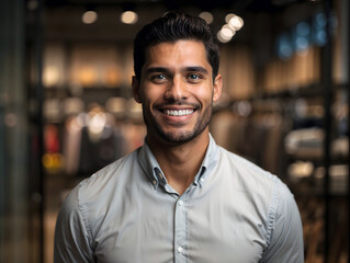 Latin Salesman Portrait with Blurred Shopping Mall Background – AI-Generated Image..