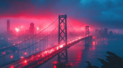Fototapeta premium City bridge at night with fireworks