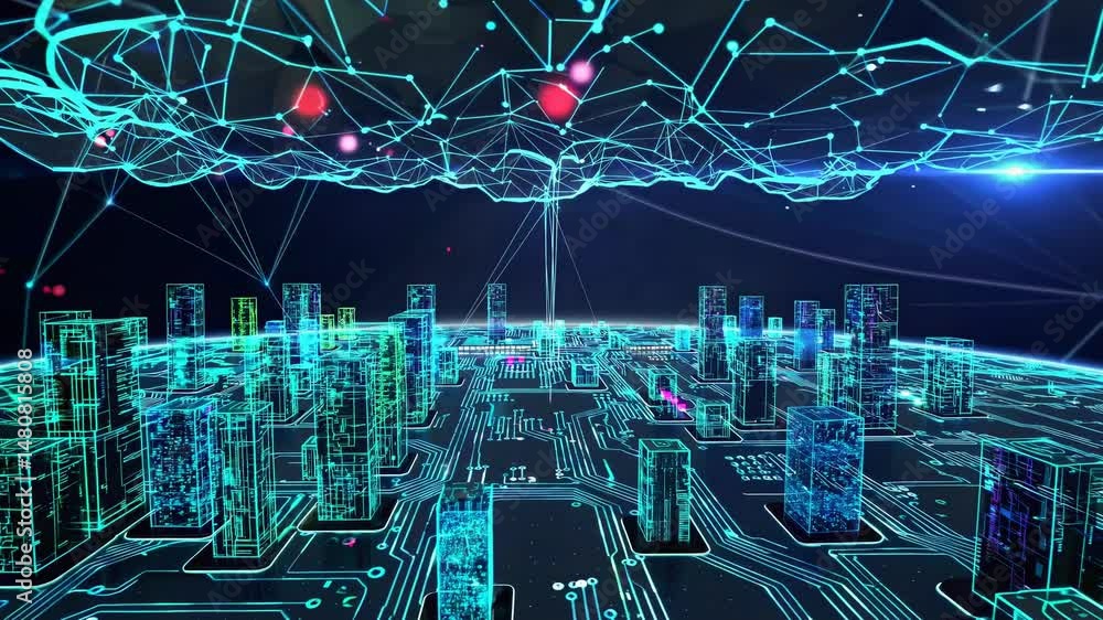 Poster cloud computing network connecting a futuristic city built on a circuit board, symbolizing the integ