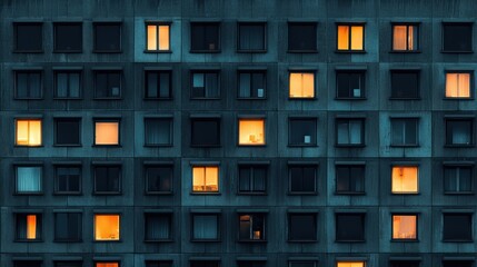 A building with many windows illuminated at night.