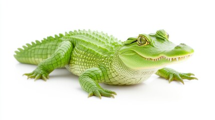 Obraz premium Young caiman crocodile rests against a bright white background