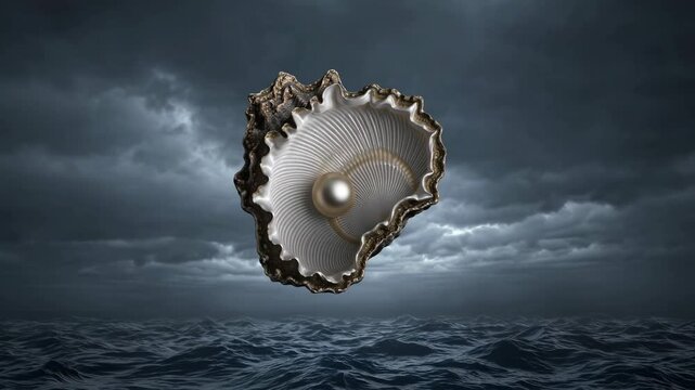Giant oyster shell floating above a rough ocean with dark storm clouds and a single pearl nestled inside, creating a dramatic and surreal seascape